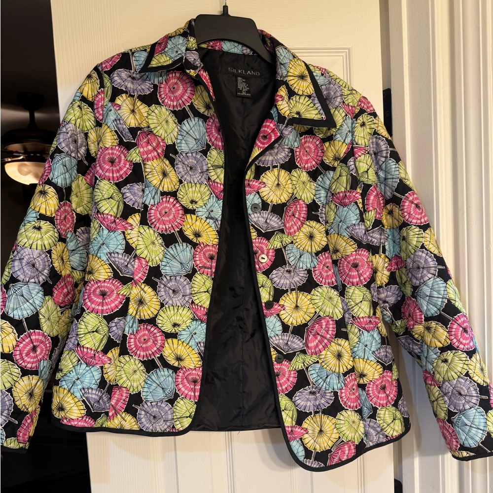 SilkLand Black Quilted Jacket with Pink, Yellow, Blue & Purple Umbrella Print K